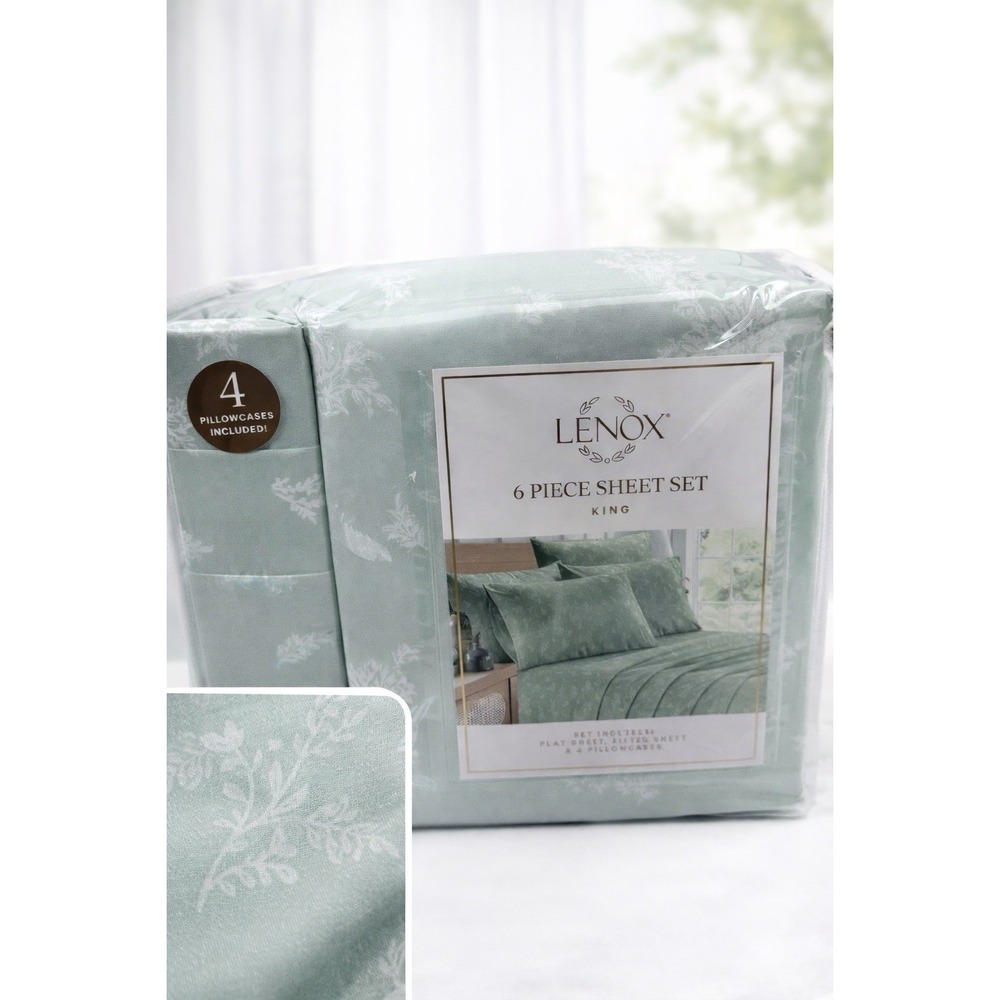 LENOX 6 Piece King Sheet Set‎ Green White Floral 4 Pillowcases Included Luxe New